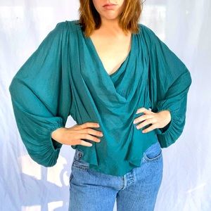 Free People Loose Teal Balloon Sleeve Blouse